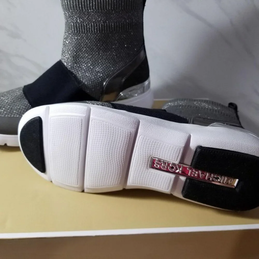 Michael Kors Gray & Black Knit Slip-On Sock Booties with Metallic Heel